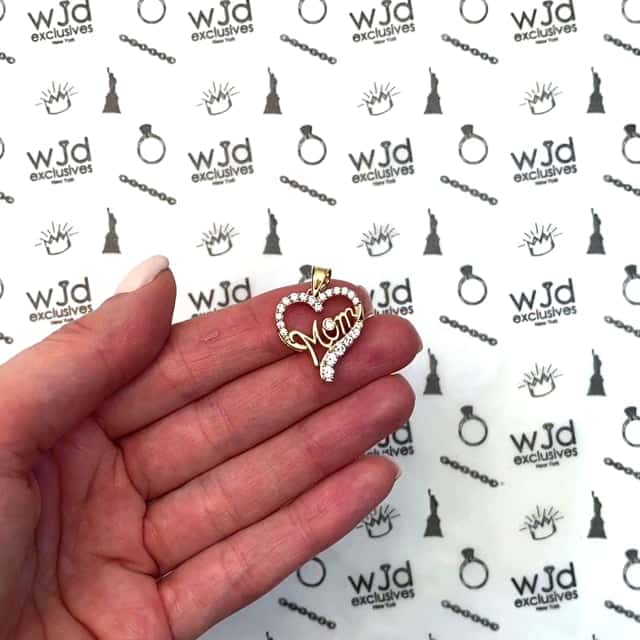 14K Yellow Gold CZ Open Heart "Mom" Pendant 0.98"