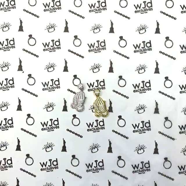 14K Yellow White Gold Over Silver CZ Pave Religious Praying Hands Pendant 1.18"