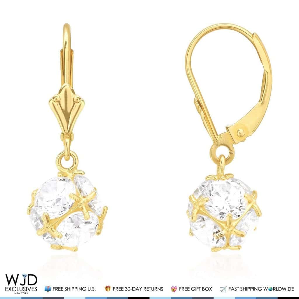 14K Yellow Gold 5.65Ct Simulated Round Cut Diamond Dangle Leverback Earrings