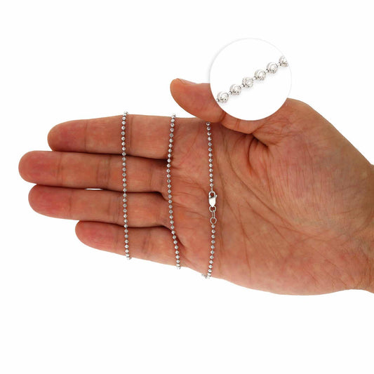 Solid 14K White Gold 2mm Moon Cut Bead Ball Chain Necklace 18"-28"