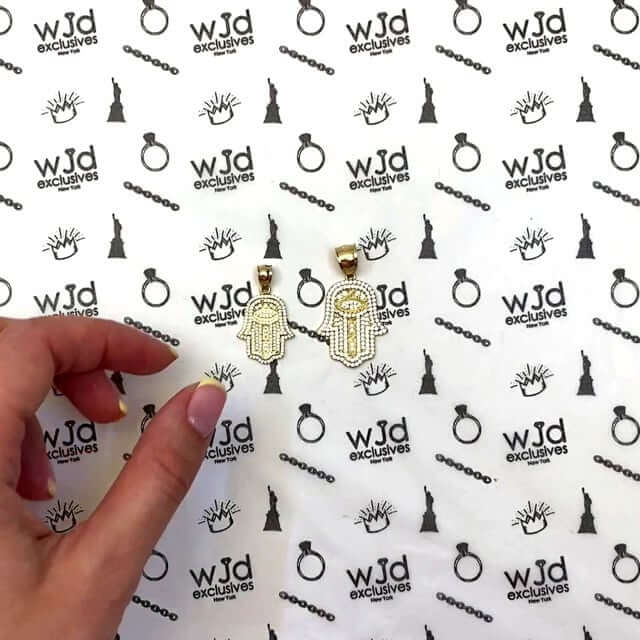 14K Yellow Gold CZ Pave Hamsa Pendant 1.2" - 1.5"