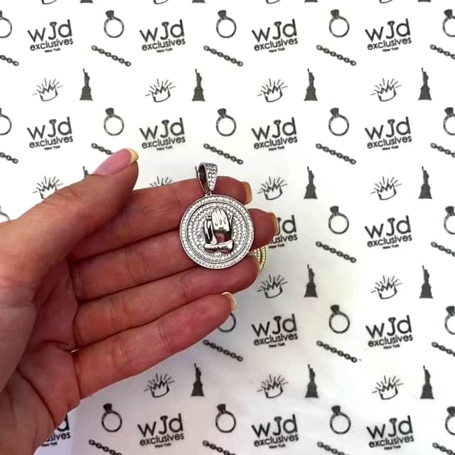 14k Gold Over Silver CZ Praying Hands Medallion Pendant 1.38"