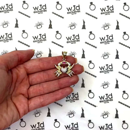 10K Yellow Gold Red Ruby Heart Shaped Crab Pendant 1.18"