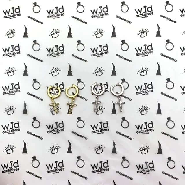 14K Gold Over Silver CZ Cross Huggie Hoop Earrings 1.18"