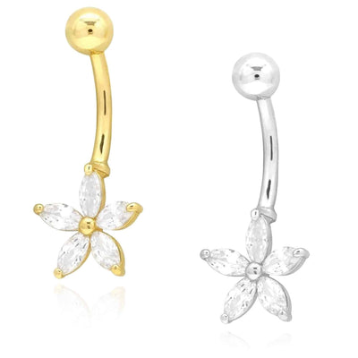 14K White Gold CZ Flower Belly Navel Ring 1"
