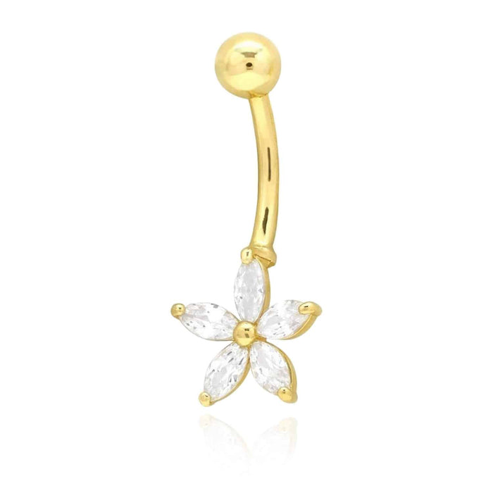 14K White Gold CZ Flower Belly Navel Ring 1"