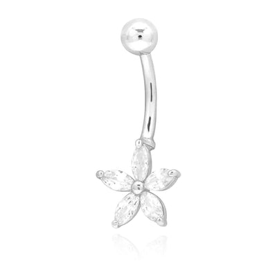 14K White Gold CZ Flower Belly Navel Ring 1"