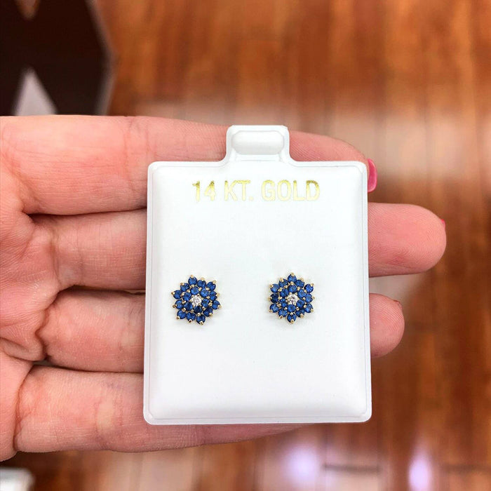14K Yellow Gold Simulated Blue Sapphire Flower Stud Earrings 7.5mm