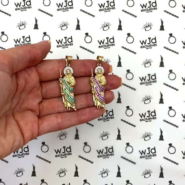 1.25CTW Ruby Emerald 14K Yellow Gold Religious St. Jude Pendant 1.8"