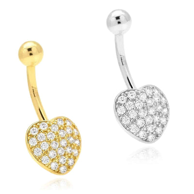 14K White Gold CZ Heart Belly Button Navel Ring 14G