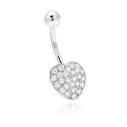 14K Real Gold White CZ Heart Belly Button Navel Ring 14G