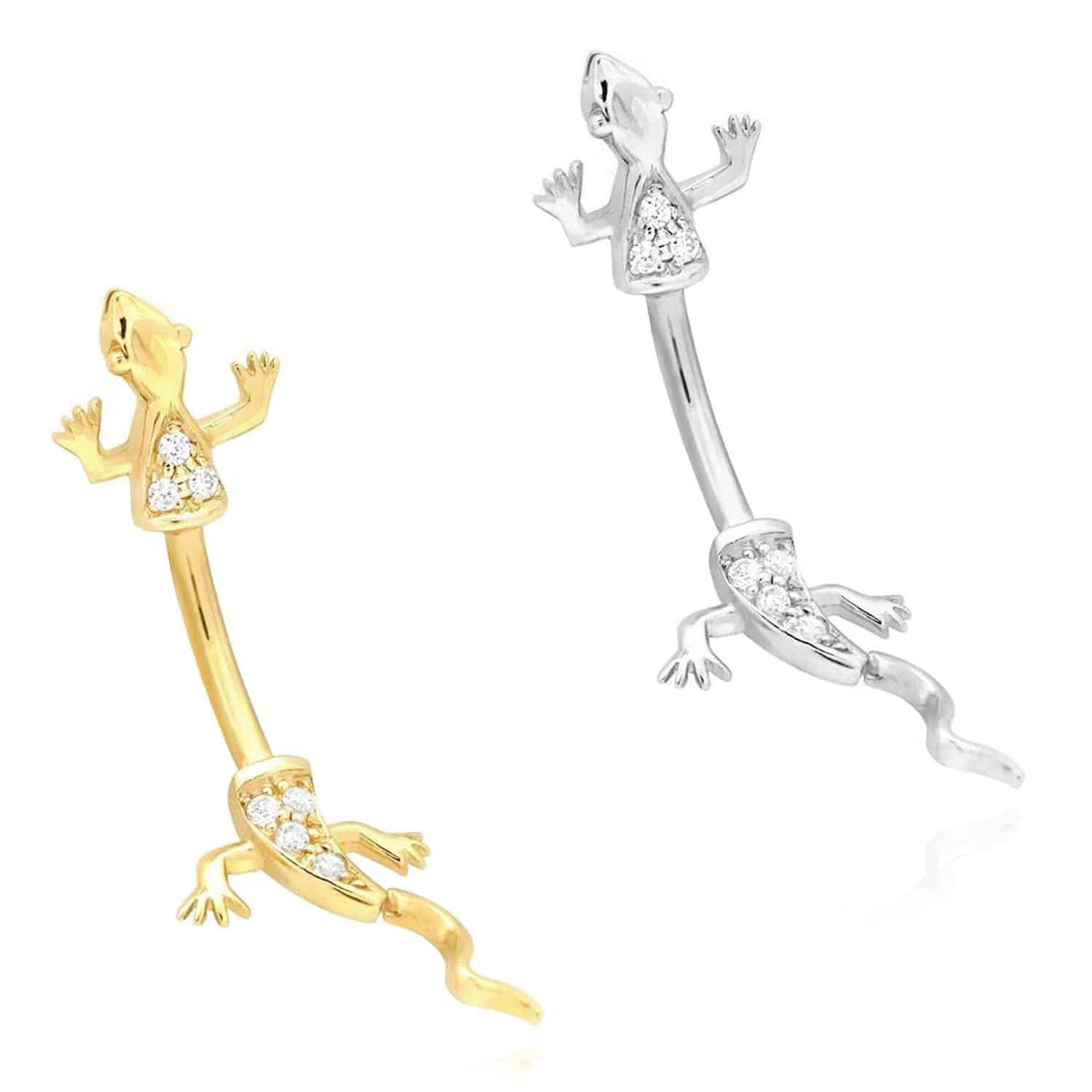 14K White Gold CZ Lizard Belly Button Navel Ring 14G