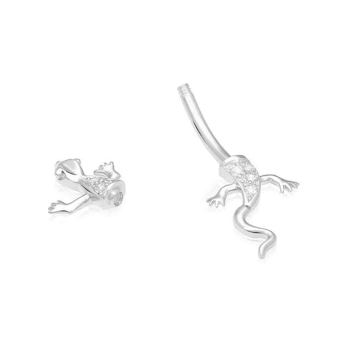 14K White Gold CZ Lizard Belly Button Navel Ring 14G