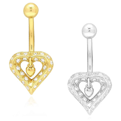 14K White Gold CZ Heart Navel Belly Button Ring