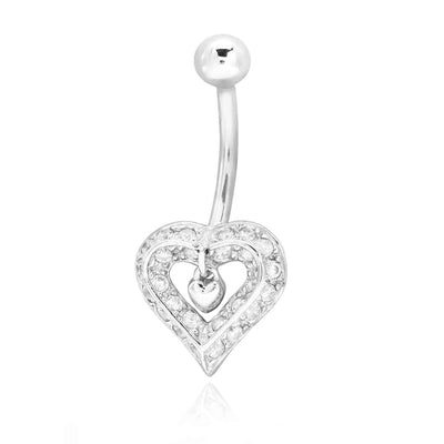 14K White Gold CZ Heart Navel Belly Button Ring