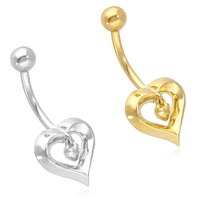 14K White Gold Two Hearts Navel Belly Button Ring Body Piercing