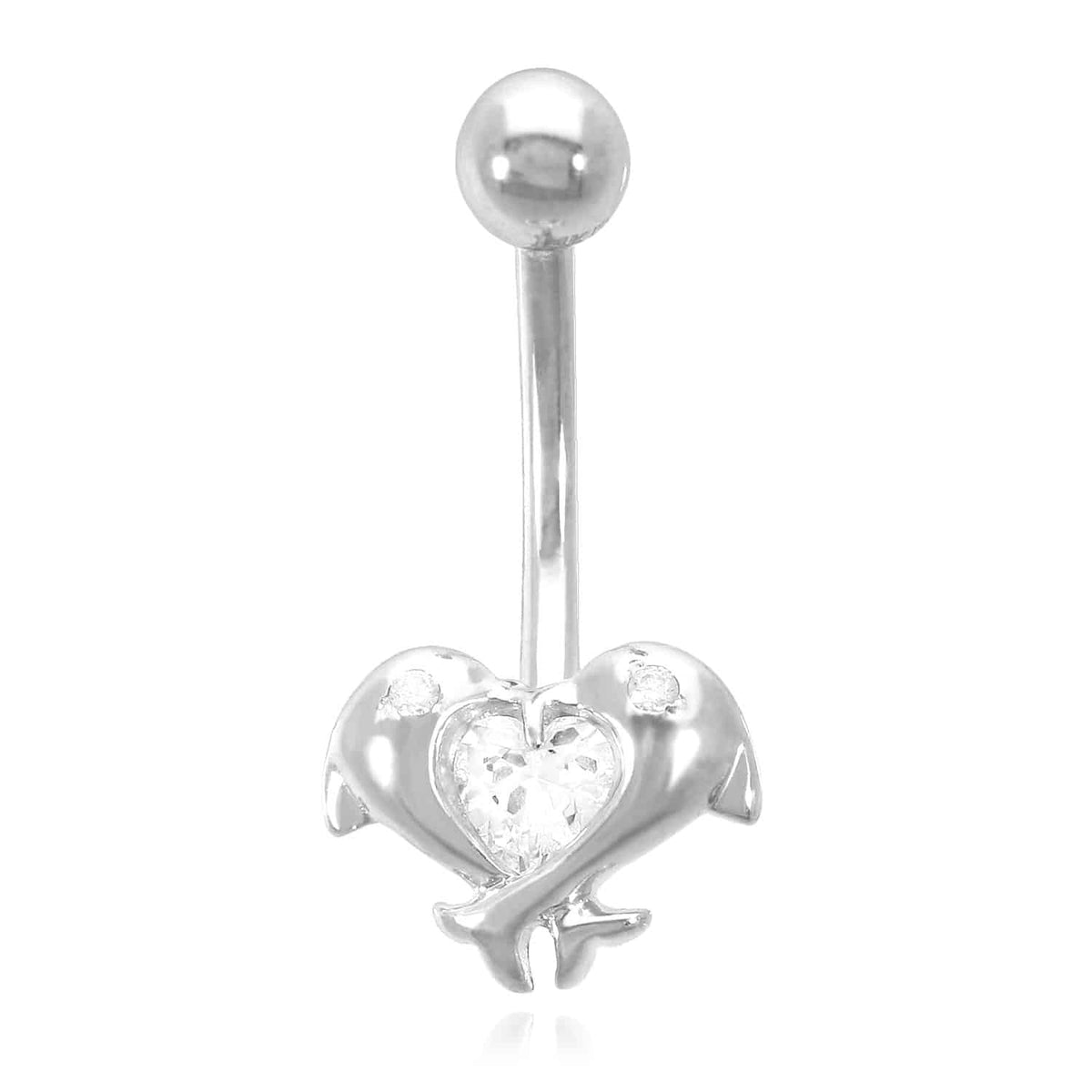 14K Yellow Gold White CZ Dolphins Navel Belly Button Ring