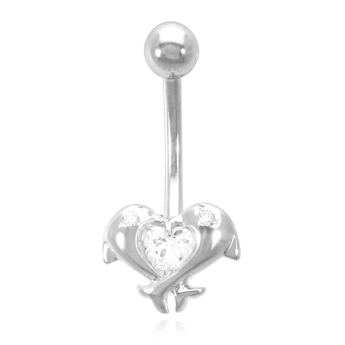 14K Yellow Gold White CZ Dolphins Navel Belly Button Ring