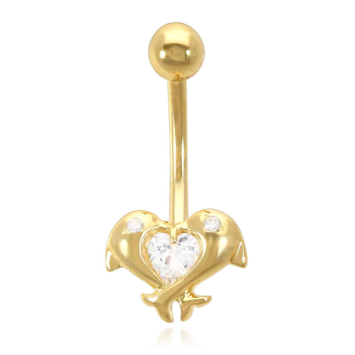 14K Yellow Gold White CZ Dolphins Navel Belly Button Ring