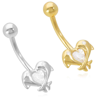 14K Yellow Gold White CZ Dolphins Navel Belly Button Ring