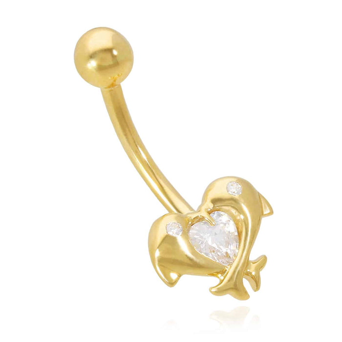 14K Yellow Gold White CZ Dolphins Navel Belly Button Ring