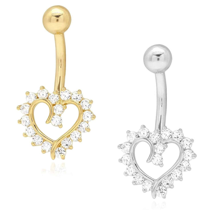 14K White Gold CZ Open Heart Belly Button Navel Ring
