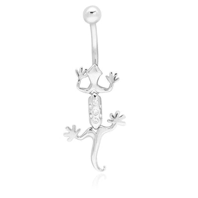 14K White Gold CZ Lizard 14G Belly Button Navel Ring
