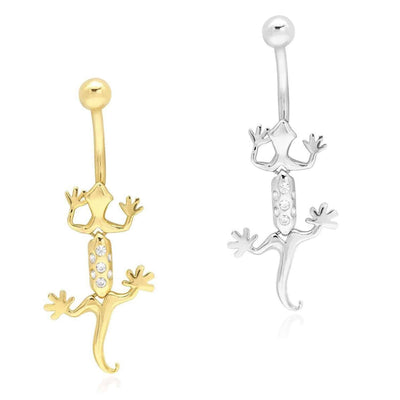 14K White Gold CZ Lizard 14G Belly Button Navel Ring