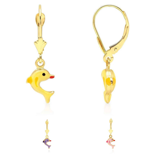 Kid's 14K Gold Yellow Pink Purple Blue Green Enamel Dolphin Leverback Earrings