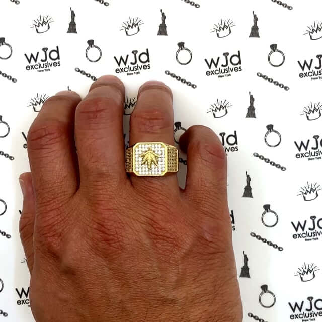 14K Yellow Gold CZ Pave Marijuana Cannabis Leaf Signet Ring
