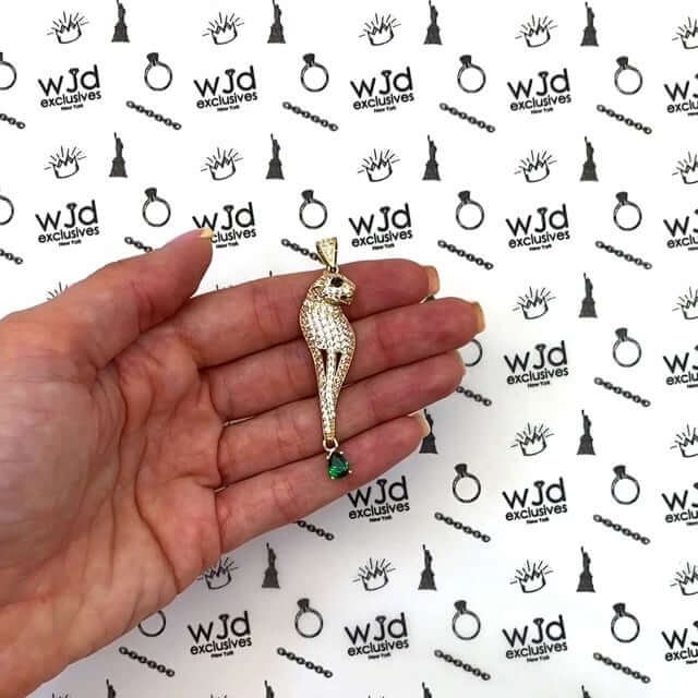 14K Yellow Gold CZ Pave Panther Pendant With Dangle Pear Emerald