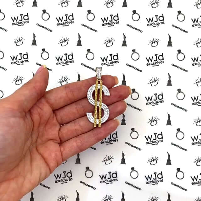 10K Yellow Gold CZ Dollar Sign Diamond-Cut Pendant 1.97"