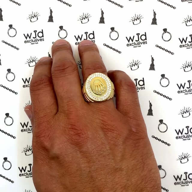 14K Yellow Gold CZ Pave Oval Royal Crown Signet Ring