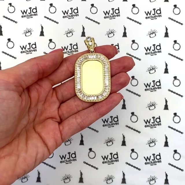 14K Gold CZ Rounded Rectangular Picture Memory Pendant 2.17"