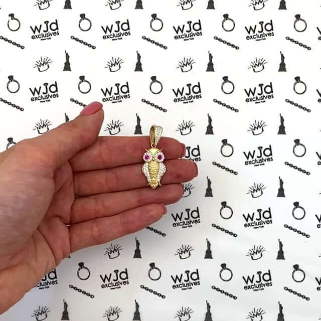 14K Yellow Gold CZ Ruby Eyes Owl Pendant 1.4"