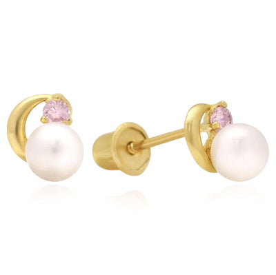 14K Yellow Gold 6mm Pink Tourmaline Cultured Freshwater Pearl Stud Earrings