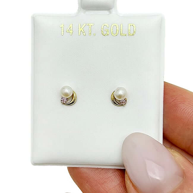 14K Yellow Gold 6mm Pink Tourmaline Cultured Freshwater Pearl Stud Earrings