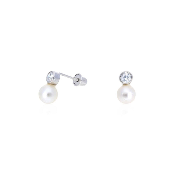 14k Yellow Gold White Gold Cultured Pearl CZ Screw Back Earrings