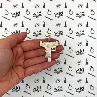 14K Yellow Gold CZ Pave Uzi Machine Gun Pistol Charm Pendant 1.8"