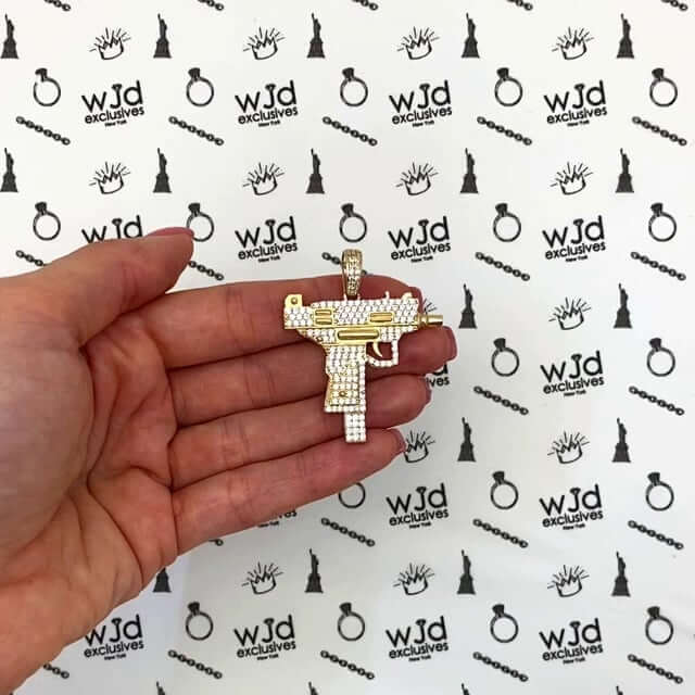 14K Yellow Gold CZ Pave Uzi Machine Gun Pistol Pendant 1.8"