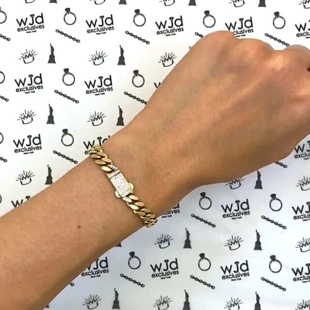 14K Gold 7mm Miami CZ Pave Box Clasp Bracelet (Hollow) 7.25"-10"