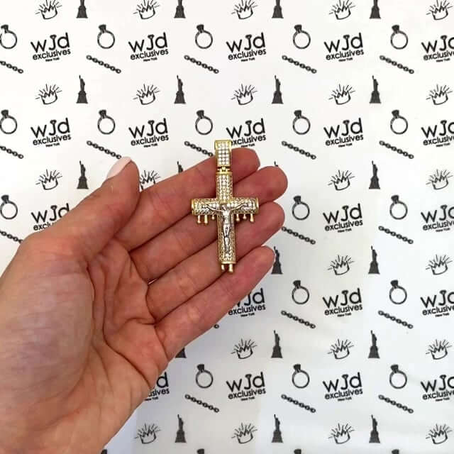 14K Yellow Gold CZ Pave Dripping Crucifix Cross Pendant 2"