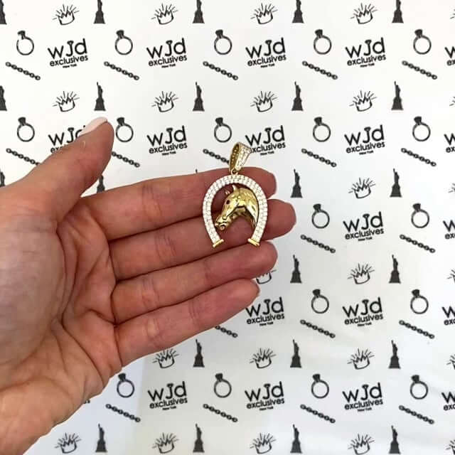 14K Yellow Gold CZ Horseshoe Ruby Eye Horse Head Pendant 1.4"