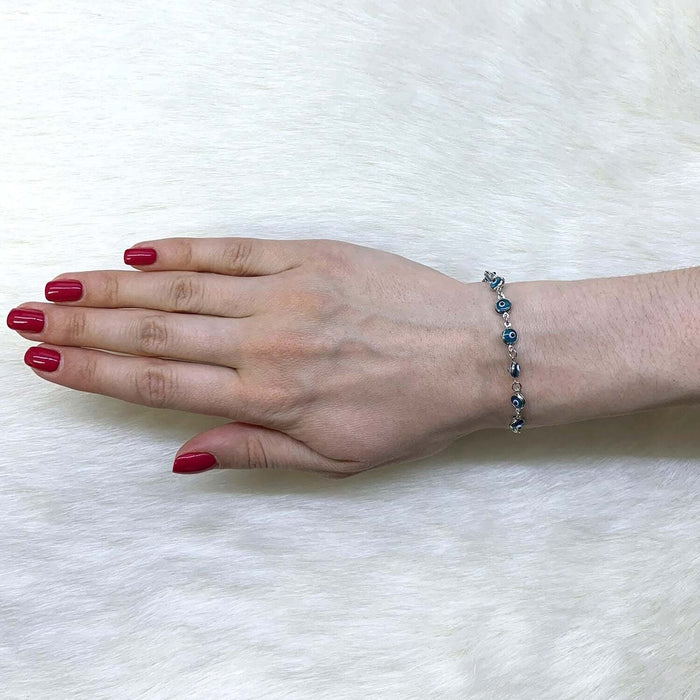 14K White Gold Bezel Evil Eye Popcorn Bracelet 7"