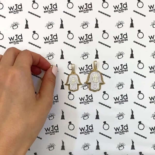 14K Yellow Gold CZ Pave 3D Layered Hamsa Hand Pendant 1.2"-1.6"