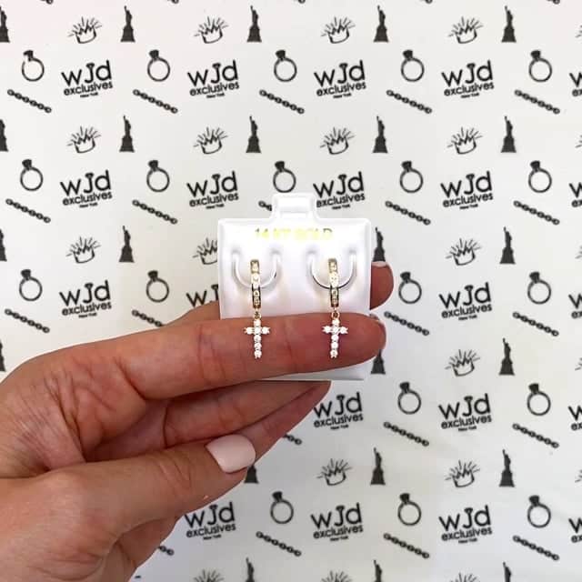 14K Yellow White Gold CZ Cross Huggie Hoop Earrings 0.94"