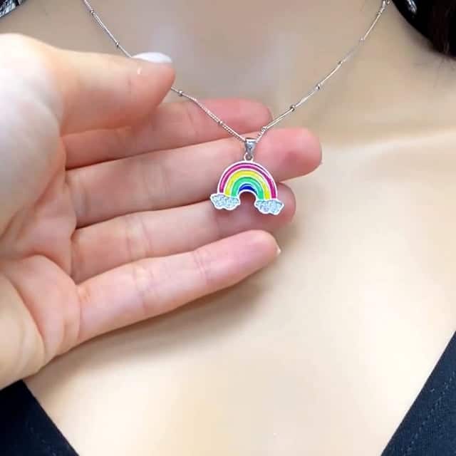 14K Gold Over Silver Enamel Rainbow Pendant with Ball Station Cuban 14"–17" Adjustable Chain