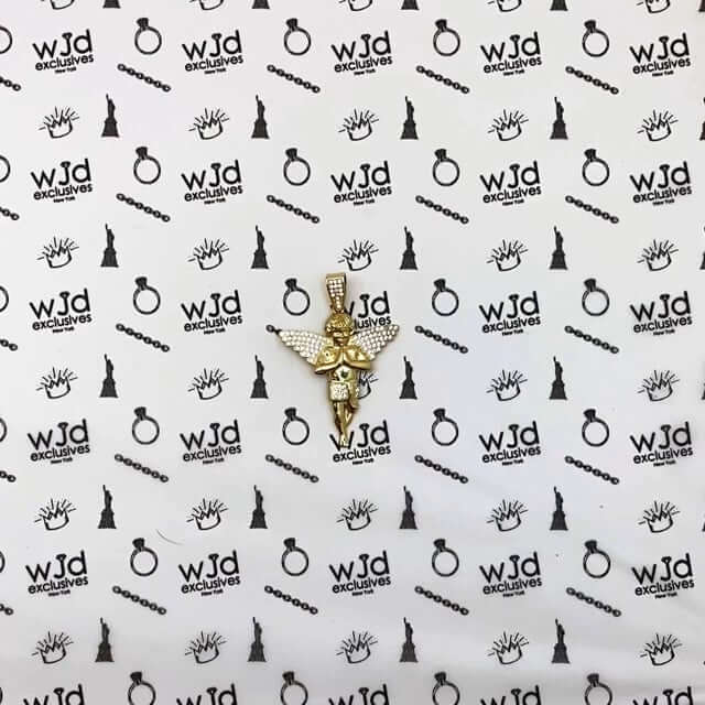 10K Yellow Gold CZ Pave Praying Angel Pendant 2.2"