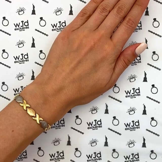 14K Tri-Color Gold 7mm Diamond-Cut Stampato XO Bracelet (Hollow) 7"