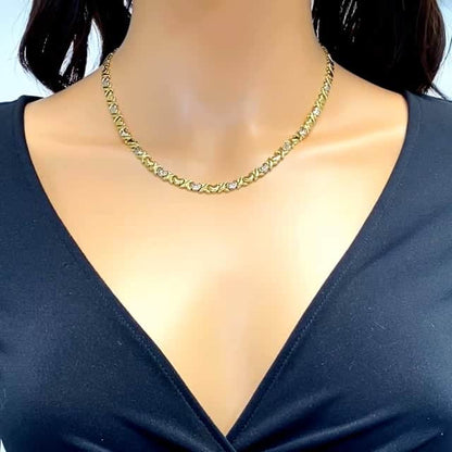 10K Gold Two-Tone 6mm Diamond Cut Hearts & Kisses XO Necklace 17.5"